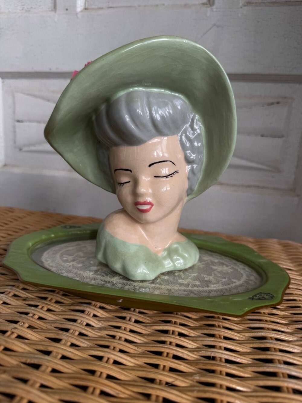 Vintage 1950s Glamour Girl Vase Head Planter Green Hat Retro MOD - Picture 4 of 13